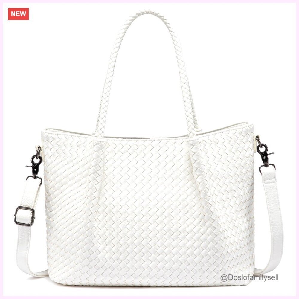 Woven Vegan Leather Tote Bag with Crossbody Strap for Work Travel